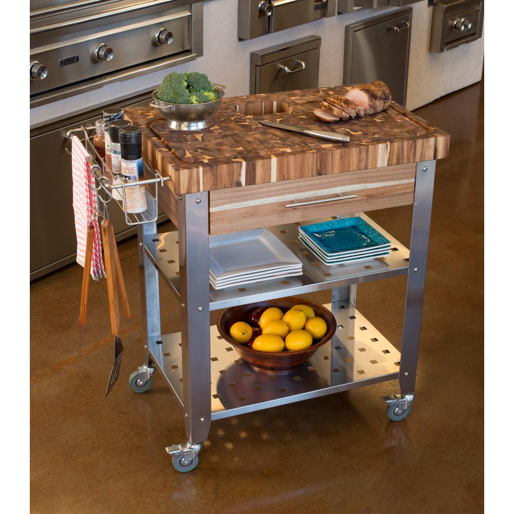 Stainless Steel and Wood Indoor Kitchen Cart Thick Butcher Block 3191