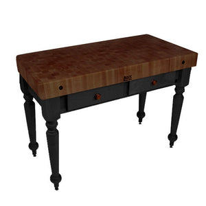 John Boos Rustica (Walnut) – 4" End-Grain Walnut Table with Drawers & Optional Shelf - Kitchen Furniture Company