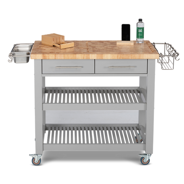 Professional Chef's Workstation All Natural Wood Rolling Cart Butcher Top JET7748 - Kitchen Furniture Company