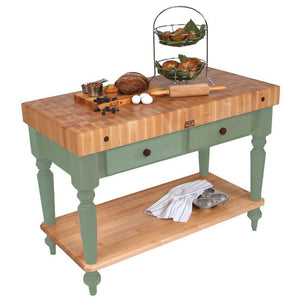 John Boos Rustica Maple – 4" End-Grain Work Table with Drawers & Optional Shelf - Kitchen Furniture Company