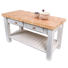 Load image into Gallery viewer, John Boos Grazzi Table – 2.25&quot; End-Grain Maple Work Table with Drawers &amp; Shelf - Kitchen Furniture Company