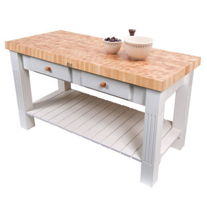 John Boos Grazzi Table – 2.25" End-Grain Maple Work Table with Drawers & Shelf - Kitchen Furniture Company