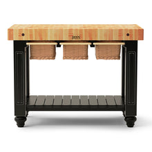 Load image into Gallery viewer, John Boos Gathering Block Maple – 4&quot; End-Grain Butcher Block Kitchen Island with Wicker Basket Drawer(s)