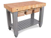 Load image into Gallery viewer, John Boos Gathering Block Maple – 4&quot; End-Grain Butcher Block Kitchen Island with Wicker Basket Drawer(s)