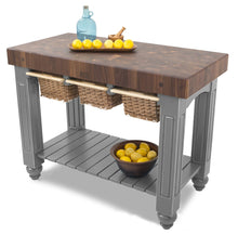 Load image into Gallery viewer, John Boos Gathering Block – Walnut 4&quot; End-Grain Butcher Block Kitchen Island with Wicker Basket Storage