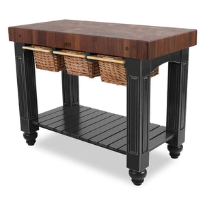 John Boos Gathering Block – Walnut 4" End-Grain Butcher Block Kitchen Island with Wicker Basket Storage