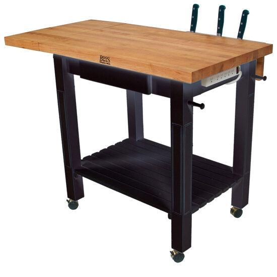 John Boos Deluxe Culi Cart – Maple Edge-Grain Butcher Block Kitchen Island on Casters with Drop Leaf