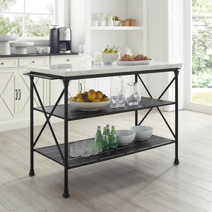 Kitchen Island in White Faux Marble & Black Large Storage Shelves 3024-MB - Kitchen Furniture Company