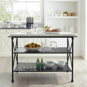 Kitchen Island in White Faux Marble & Black Large Storage Shelves 3024-MB - Kitchen Furniture Company