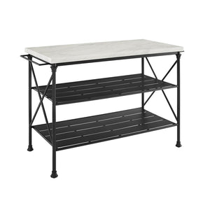 Kitchen Island in White Faux Marble & Black Large Storage Shelves 3024-MB - Kitchen Furniture Company