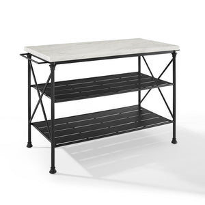Kitchen Island in White Faux Marble & Black Large Storage Shelves 3024-MB - Kitchen Furniture Company