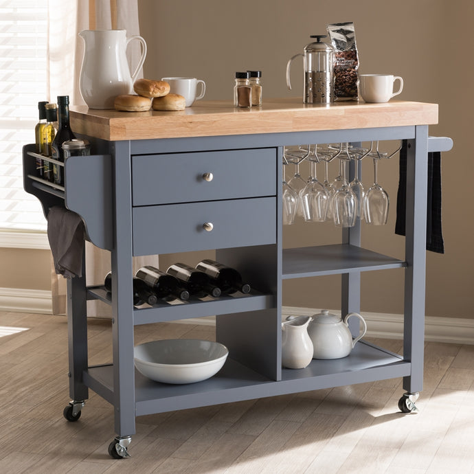 Rolling Small Gray Farmhouse Kitchen Island Cart with Wood Top - Kitchen Island Company
