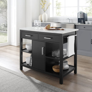 Modern Black Kitchen Island with Faux Marble Top and Open Shelves 3026WM - Kitchen Furniture Company
