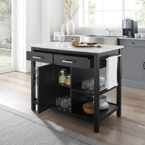 Modern Black Kitchen Island with Faux Marble Top and Open Shelves 3026WM - Kitchen Furniture Company