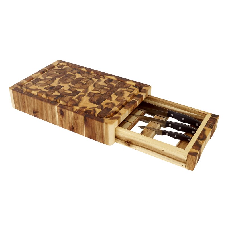 Cutting Board End Grain Acacia Wood w/ Knife Drawer and Chef Pan 7990 - Kitchen Furniture Company
