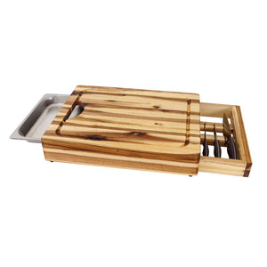 Solid Acacia Hardwood Wood Cutting Board w/ Knife Drawer and Chef Pan 7989 - Kitchen Furniture Company