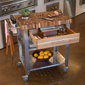Stainless Steel and Wood Outdoor Indoor Kitchen Cart Thick Butcher Block 3191 - Kitchen Furniture Company
