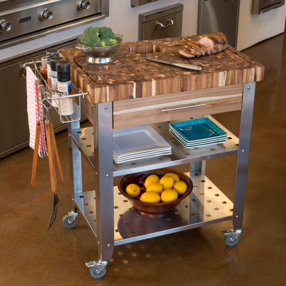 Stainless Steel and Wood Outdoor Indoor Kitchen Cart Thick Butcher Block 3191 - Kitchen Furniture Company