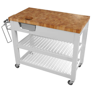 White Professional Chef's Kitchen Cart Wooden Shelves Butcher Block Top JET7750 - Kitchen Furniture Company