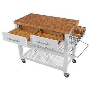 White Professional Chef's Kitchen Cart Wooden Shelves Butcher Block Top JET7750 - Kitchen Furniture Company