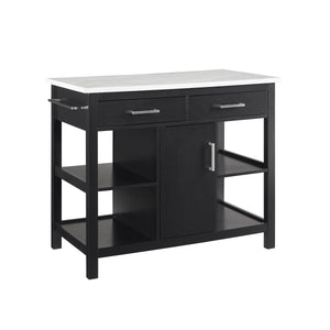 Modern Black Kitchen Island with Faux Marble Top and Open Shelves 3026WM - Kitchen Furniture Company