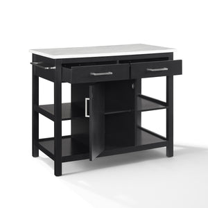 Modern Black Kitchen Island with Faux Marble Top and Open Shelves 3026WM - Kitchen Furniture Company