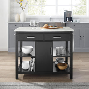 Modern Black Kitchen Island with Faux Marble Top and Open Shelves 3026WM - Kitchen Furniture Company