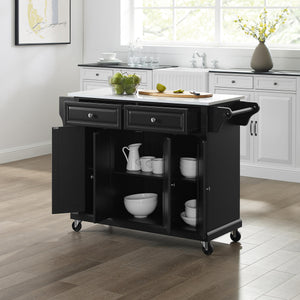 Full Size Black Kitchen Cart with White Granite Top Sturdy Casters - Kitchen Furniture Company
