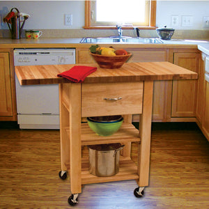 Natural Wood Kitchen Cart with Drop Leaf Thick Butcher Block Top 1468 - Kitchen Furniture Company