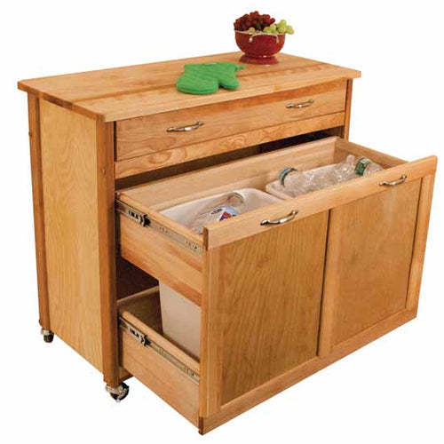 Rolling Natural Kitchen Island w/ Pull Out Recycling Trash Drawer 15213 - Kitchen Furniture Company