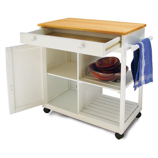Rolling White Kitchen Cart - Cabinet, Shelves, 32