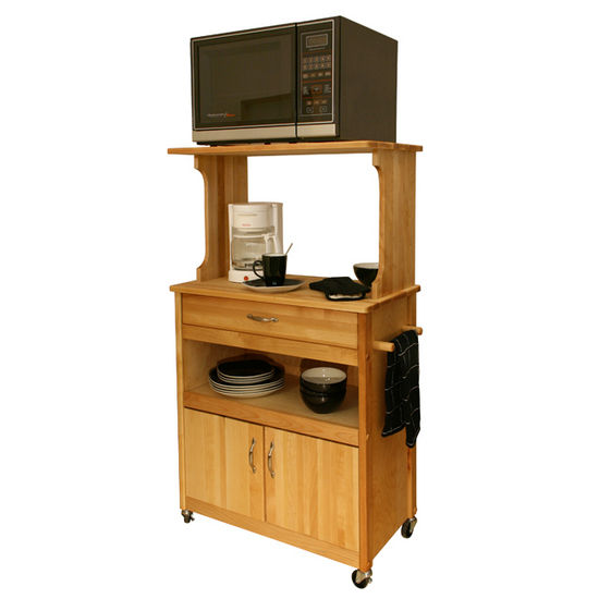 Rolling Natural Wood Kitchen Microwave/Coffee Cart with Hutch Top 51576 - Kitchen Furniture Company