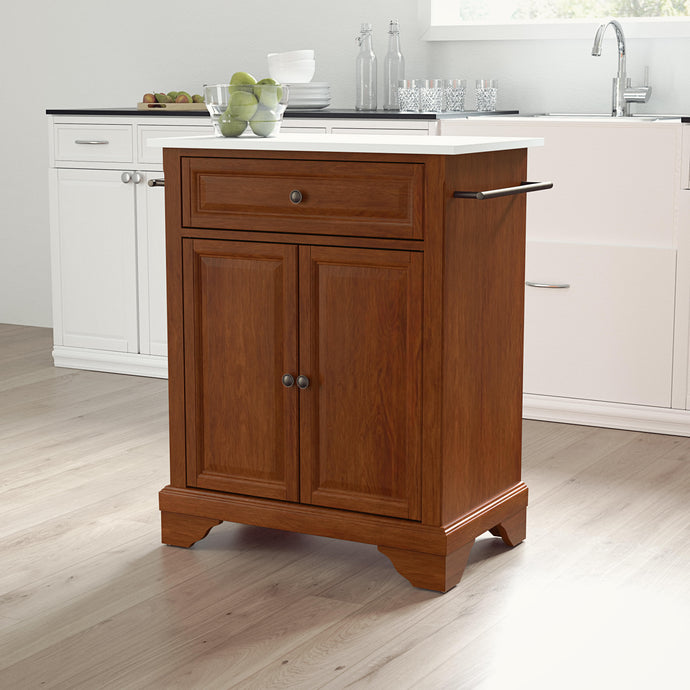 Cherry Portable Kitchen Island/Cart with Lafayette Legs and White Granite Top - Kitchen Furniture Company