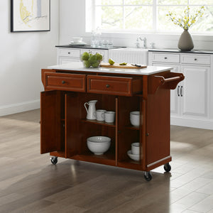 Full Size Cherry Kitchen Cart with White Granite Top Sturdy Casters - Kitchen Furniture Company