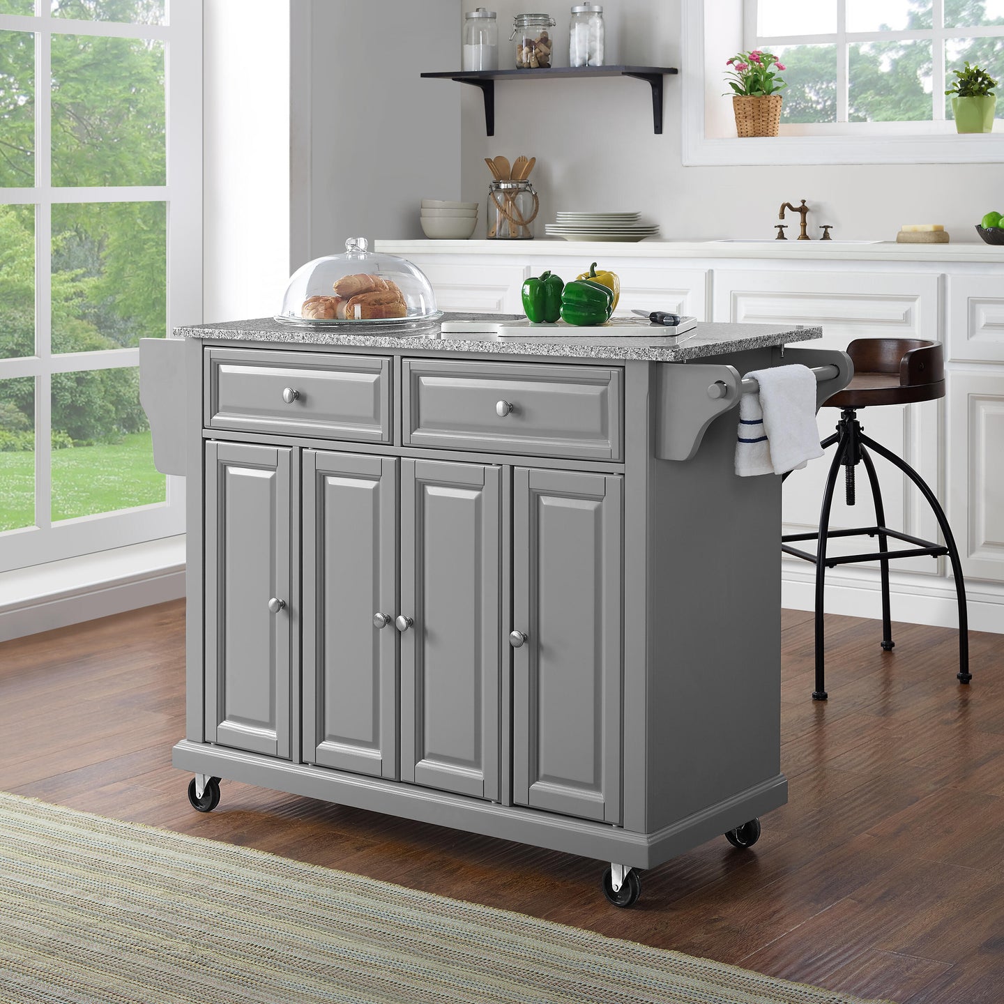 Full Size Grey Kitchen Cart with Solid Granite Top Sturdy Casters - Kitchen Furniture Company