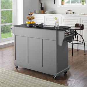 Full Size Grey Kitchen Cart with Solid Black Granite Top Sturdy Casters - Kitchen Furniture Company