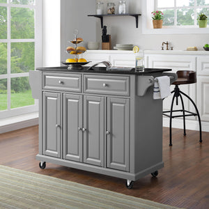 Full Size Grey Kitchen Cart with Solid Black Granite Top Sturdy Casters - Kitchen Furniture Company