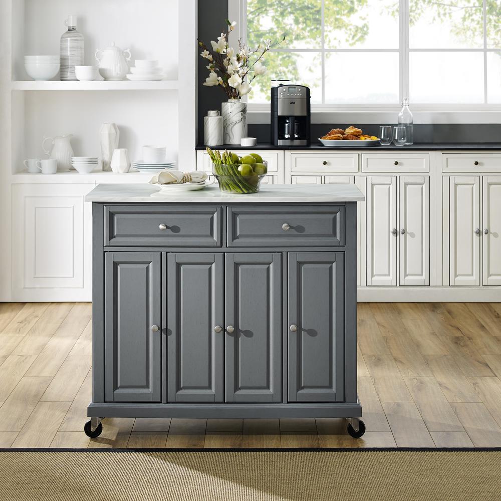 Gray Kitchen Cart with Paper Marble Finish Sturdy Caster's KF30043EGY - Kitchen Furniture Company