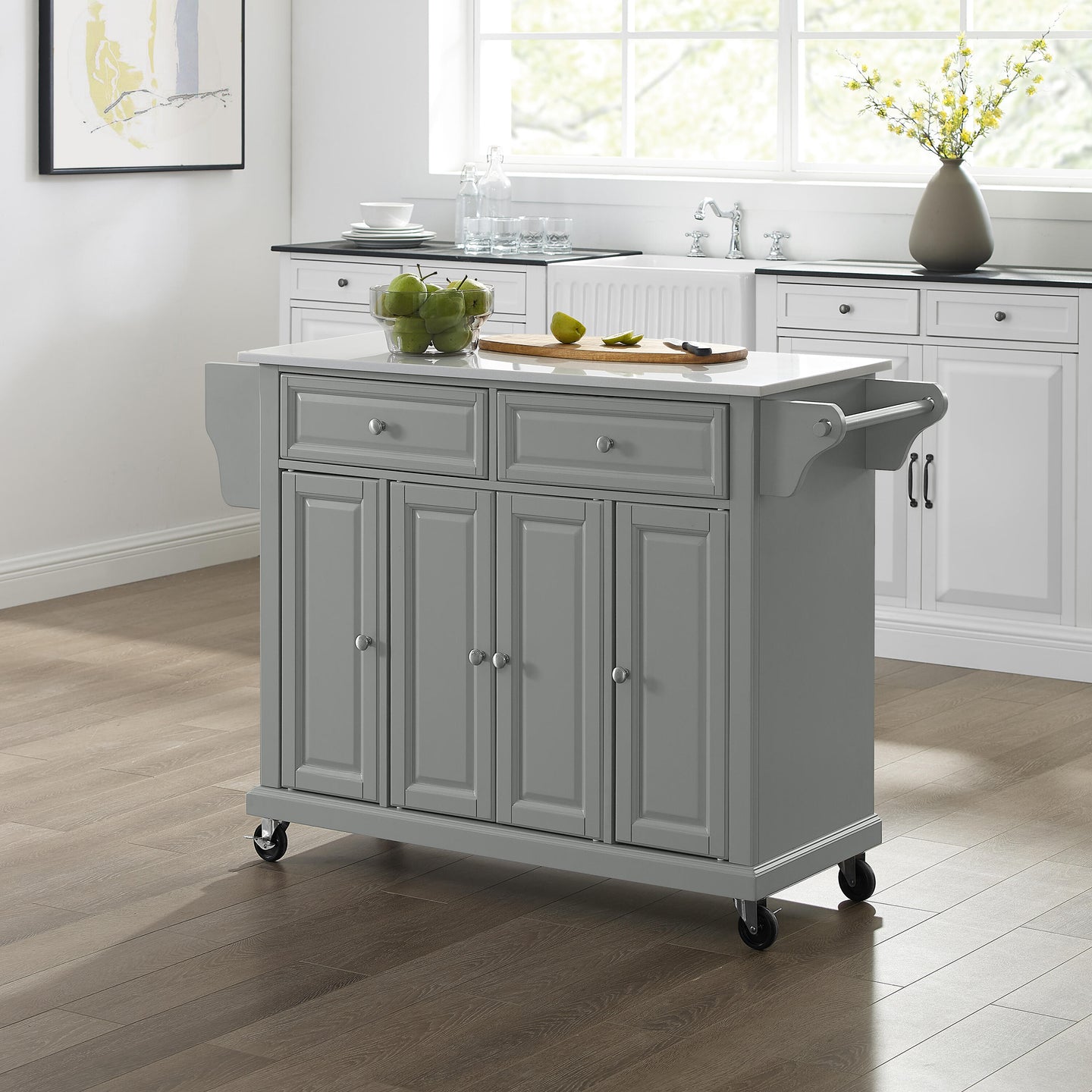 Full Size Gray Kitchen Cart with White Granite Top Sturdy Casters - Kitchen Furniture Company