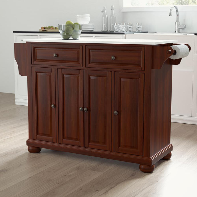 Alexandria Mahogany Full Size Kitchen Island/Cart with White Granite Top - Kitchen Furniture Company