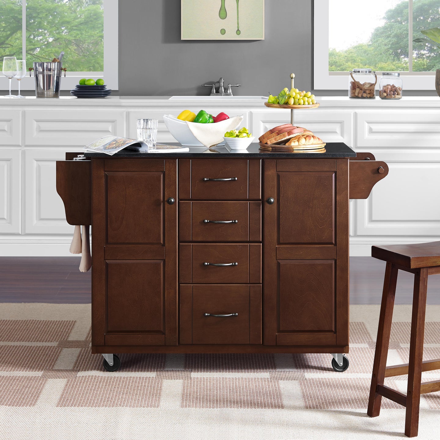 Rolling Eleanor Mahogany Kitchen Island with Ample Storage and Black Granite Top - Kitchen Furniture Company