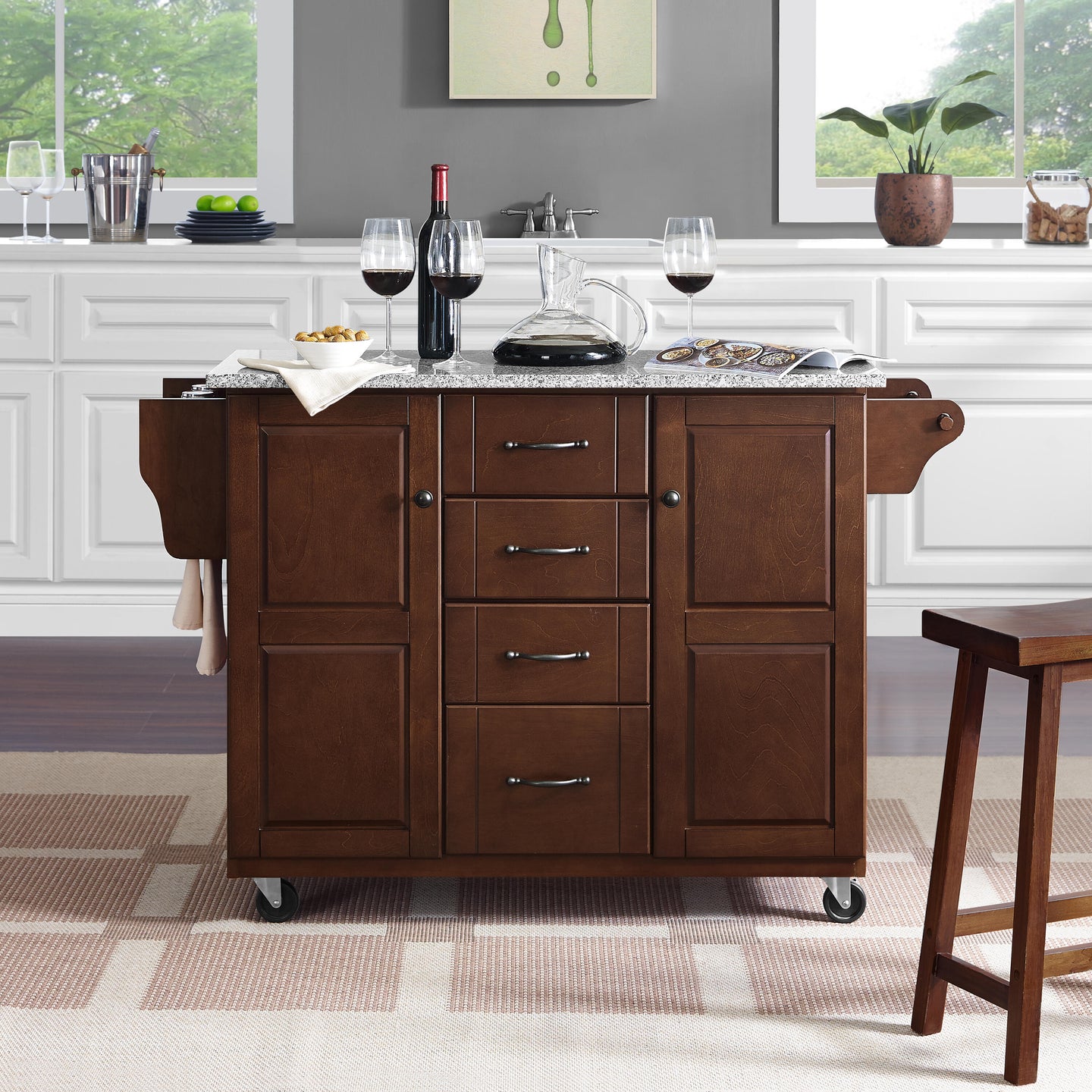 Rolling Eleanor Mahogany Kitchen Island with Ample Storage and Granite Top - Kitchen Furniture Company