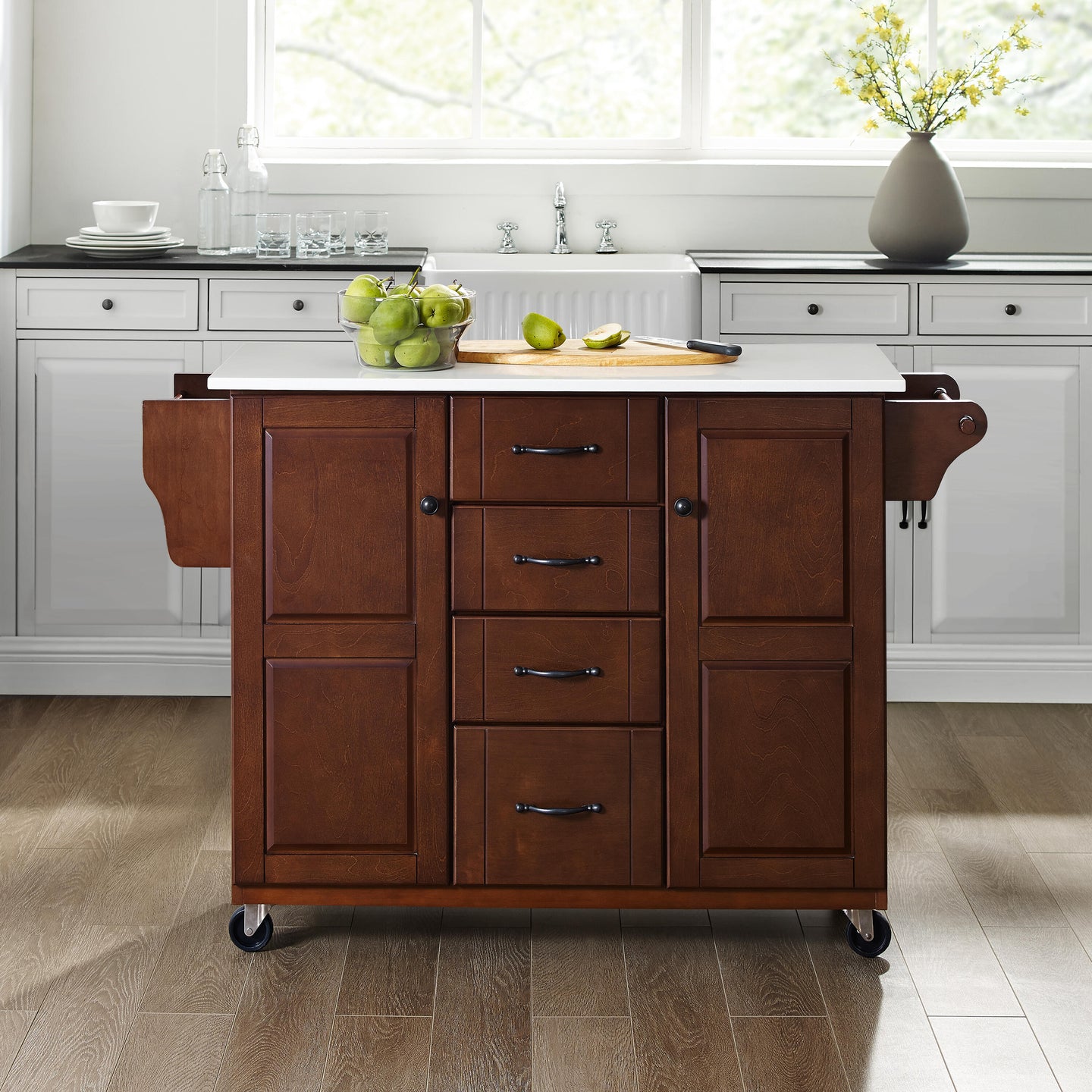 Rolling Eleanor Mahogany Kitchen Island with Ample Storage and White Granite Top - Kitchen Furniture Company