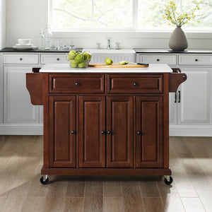 Full Size Mahogany Kitchen Cart with White Granite Top Sturdy Casters - Kitchen Furniture Company