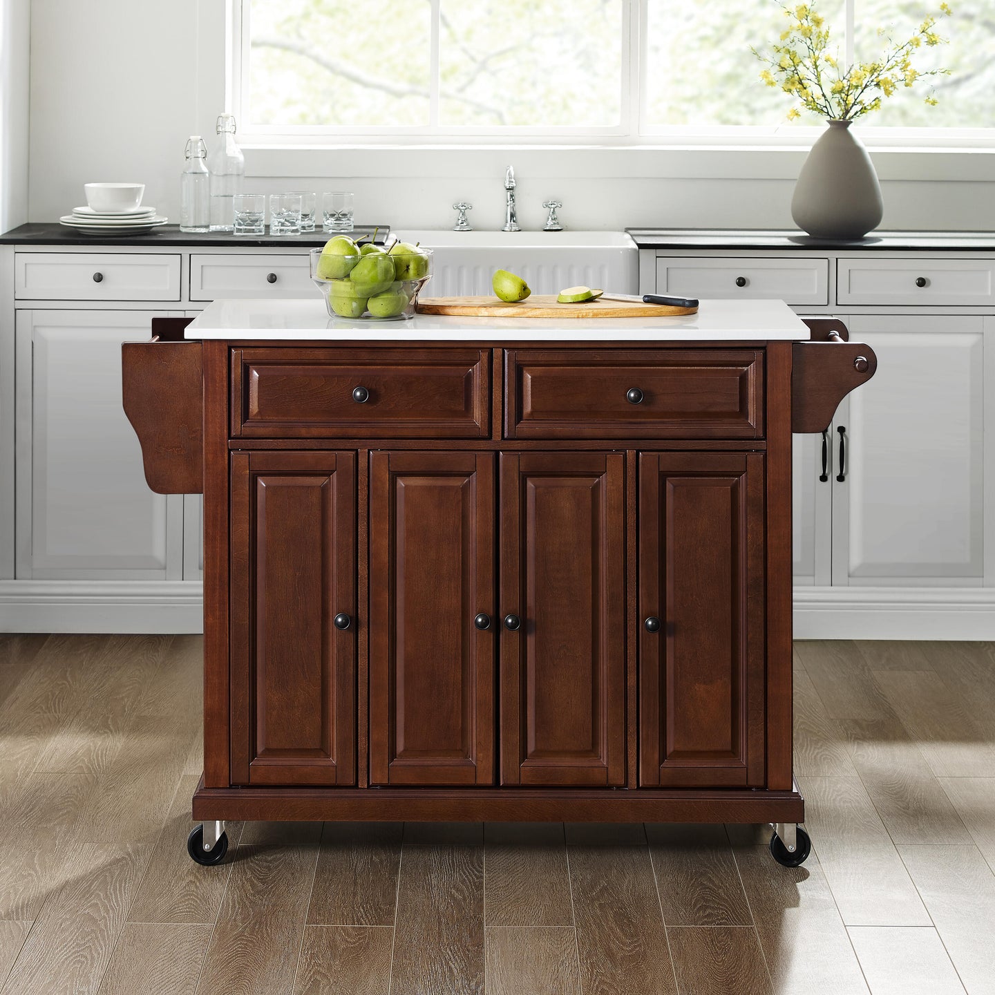 Full Size Mahogany Kitchen Cart with White Granite Top Sturdy Casters - Kitchen Furniture Company