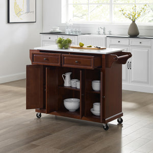 Full Size Mahogany Kitchen Cart with White Granite Top Sturdy Casters - Kitchen Furniture Company