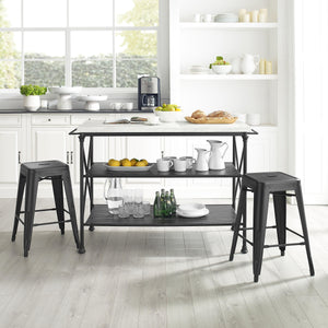 French 3Pc Island & 2 Piece Stool Set Matte Black Large Storage Shelves 13032 - Kitchen Furniture Company