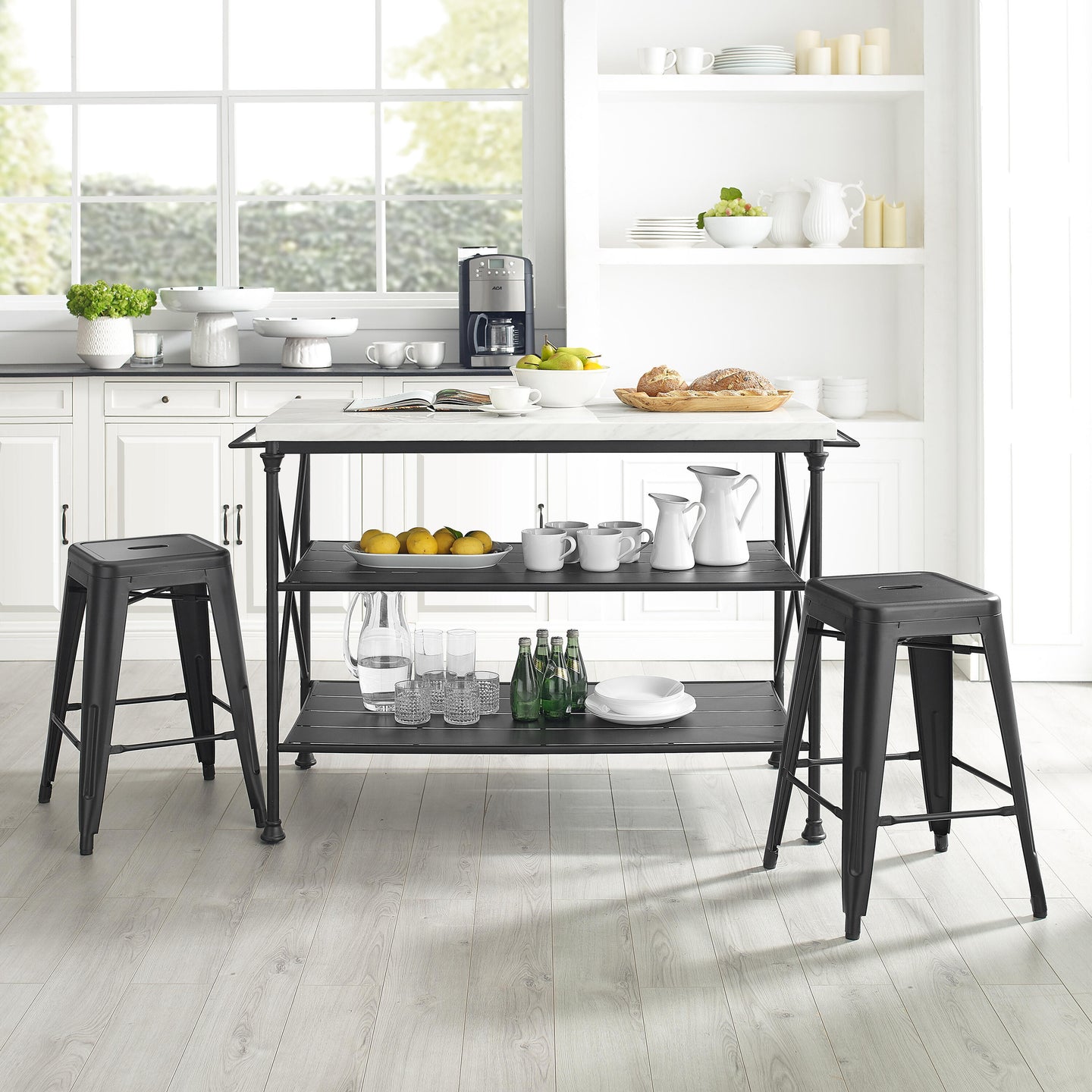French 3Pc Island & 2 Piece Stool Set Matte Black Large Storage Shelves 13032 - Kitchen Furniture Company