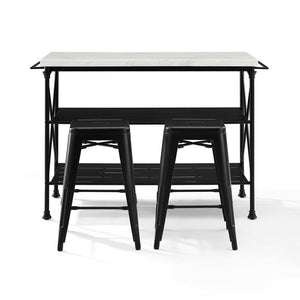 French 3Pc Island & 2 Piece Stool Set Matte Black Large Storage Shelves 13032 - Kitchen Furniture Company