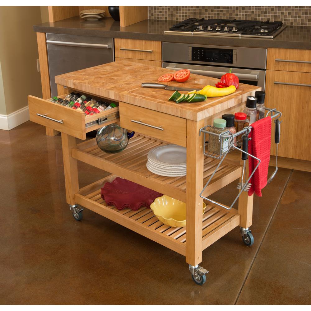 Professional Chef's Workstation All Natural Wood Rolling Cart Butcher Top JET7748 - Kitchen Furniture Company